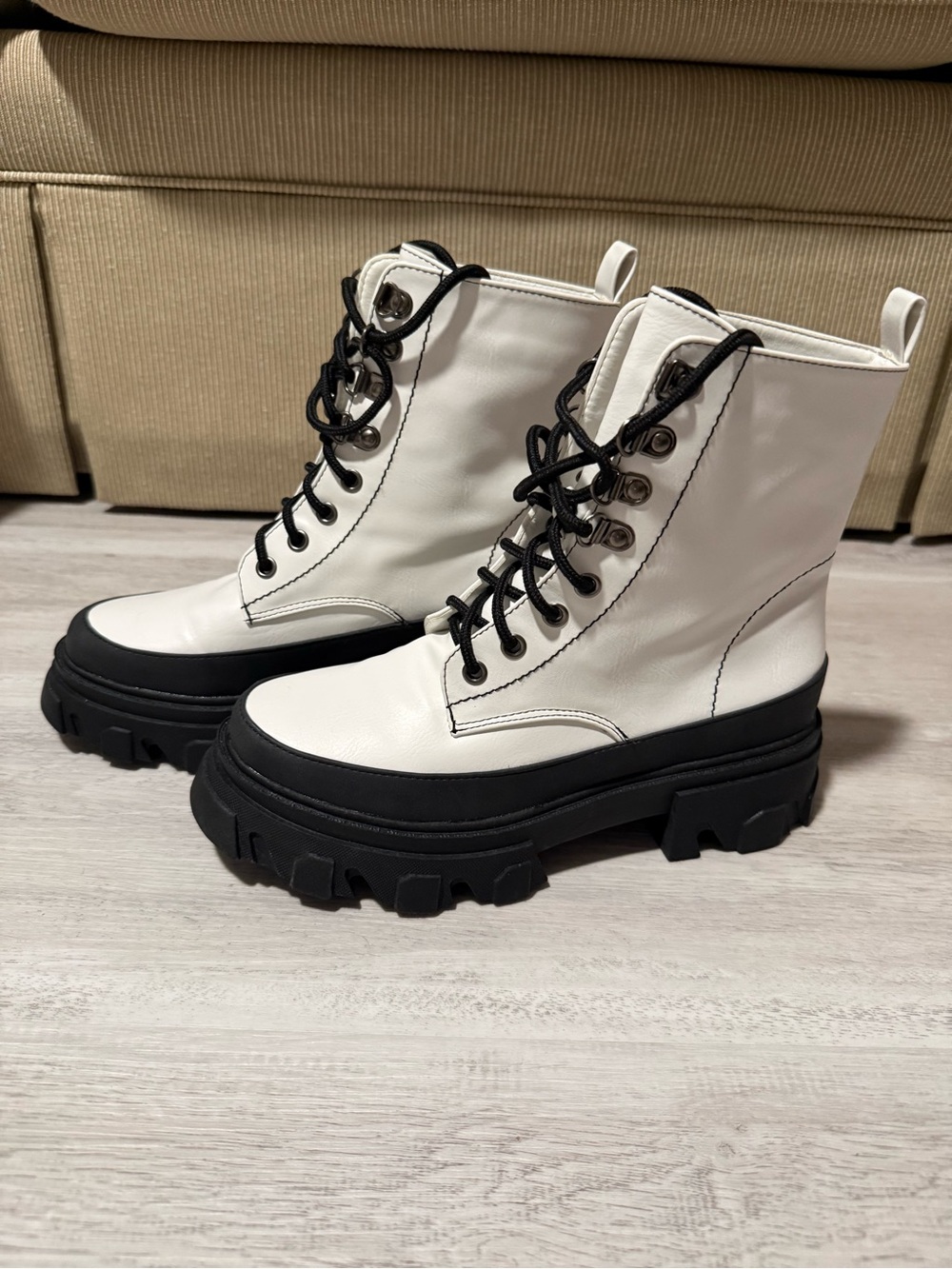 White Lace-Up Platform Combat Boots with Black Lug Sole